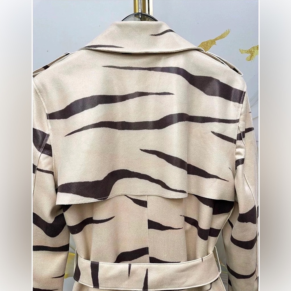 Elegant Zebra Print Belted Lapel Trench - Picture 11 of 11